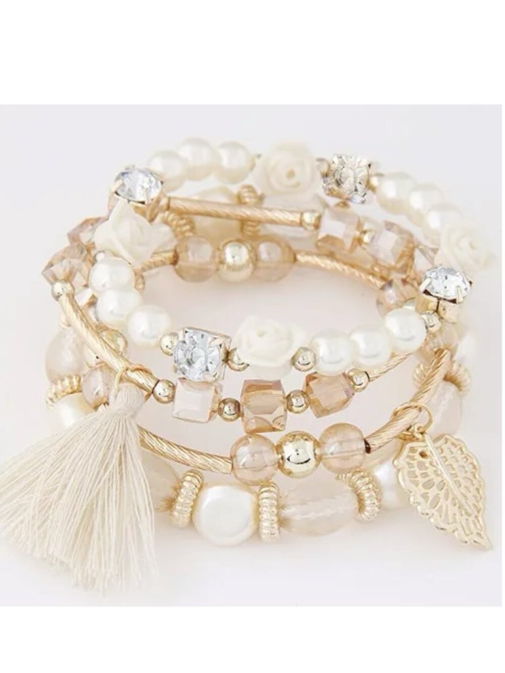 White Gold Boho Layered Bracelet Set Faux Pearl Floral Crystal Tassel Leaf NEW
